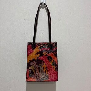 Vintage Hand Painted Tooled Leather Giraffe Safari Tote Bag Multicolor India